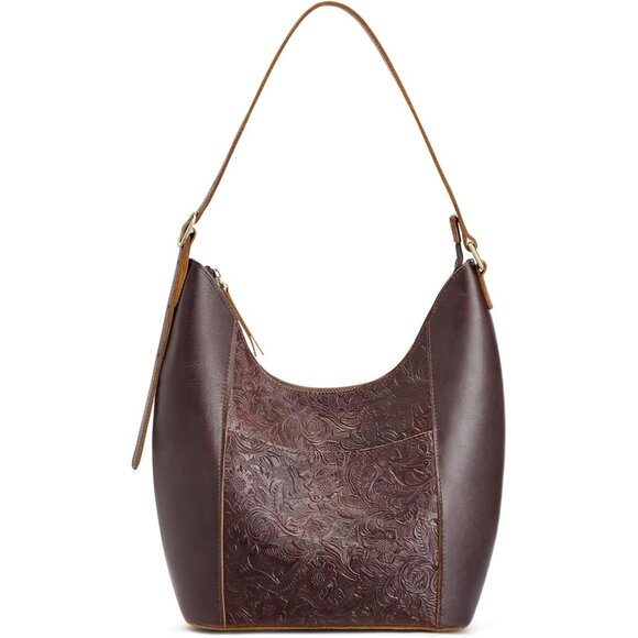 Women’s Dark Brown Leather Hobo Satchel with Rose Pattern Spacious & Stylish